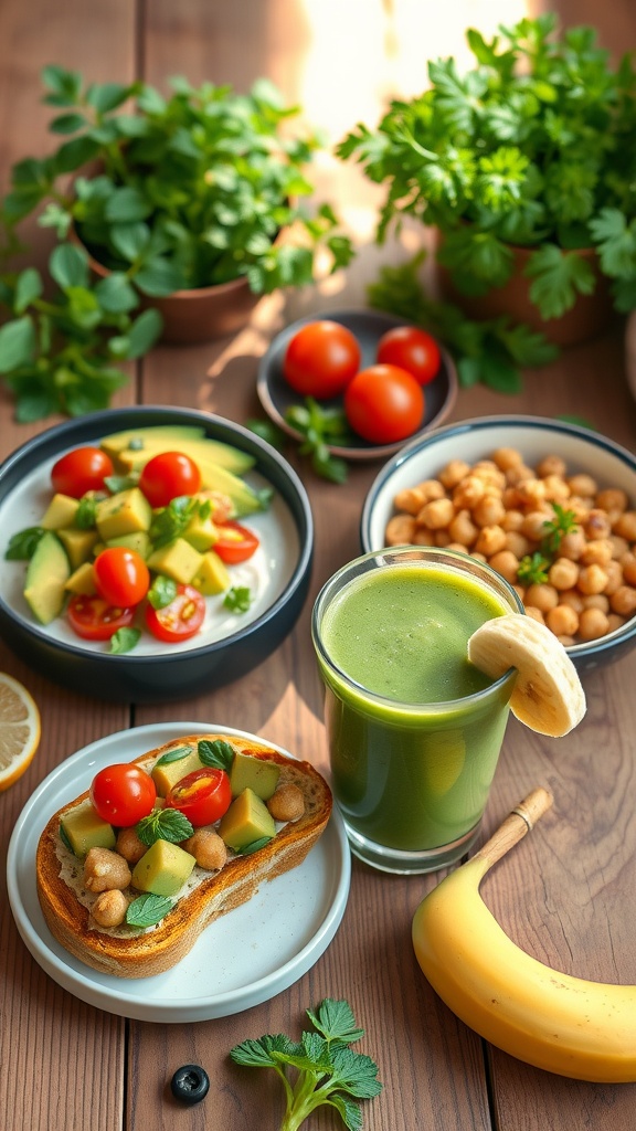 Quick vegan dishes including avocado toast, chickpea salad, and a green smoothie on a rustic wooden table.